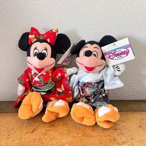 Tokyo Disney Store Mickey & Minnie Mouse 9" Kimono Bean‎ Bag Plush Set NWT